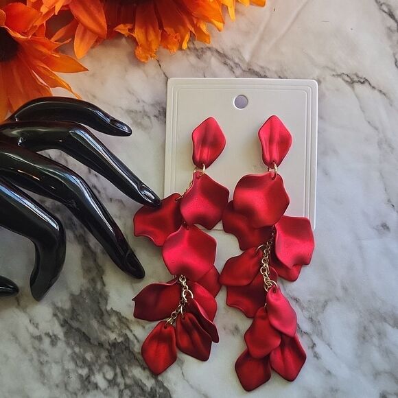 Red Rose Petal Long Earrings - Picture 6 of 15